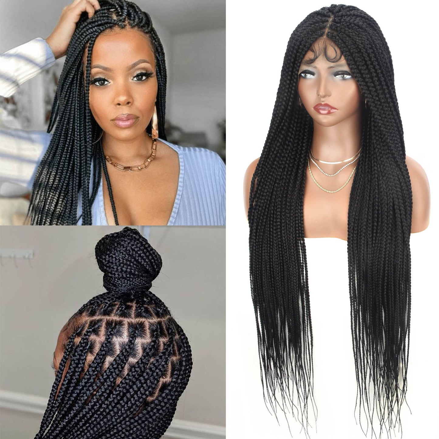 Alebery 36" Full Lace Knotless Box Braided Wigs for Black Women Twisted Braids Lace Synthetic Frontal Black Cornrow Wig with Baby Hair, Lightweight (1B)