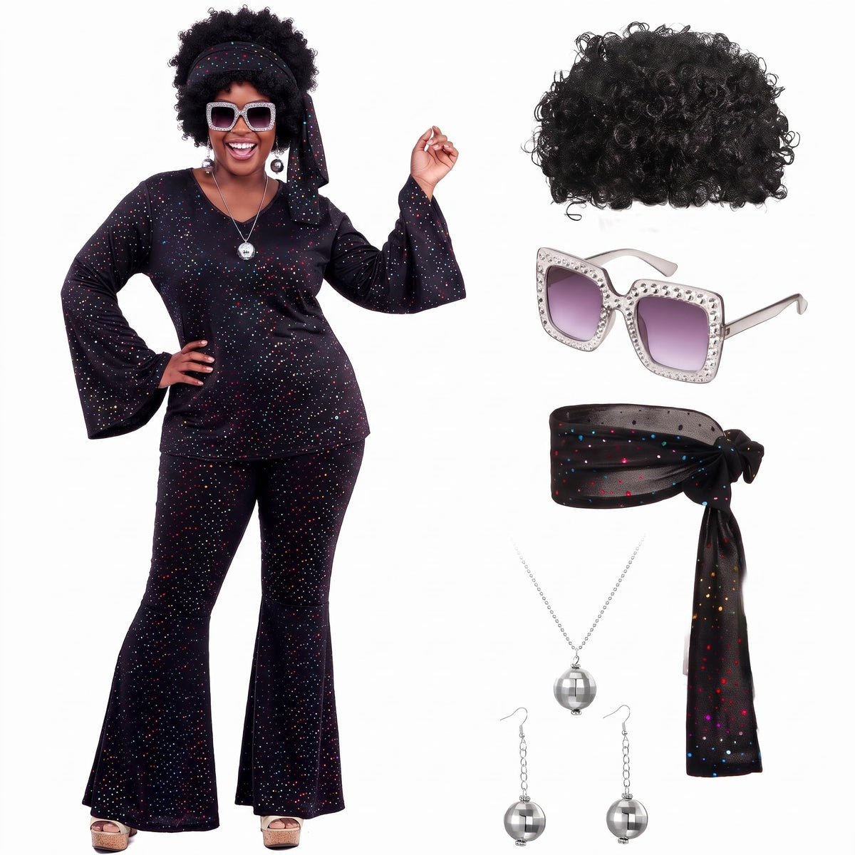 Jexine 70s Disco Outfit Women Sequin Sparkly Costume Black M