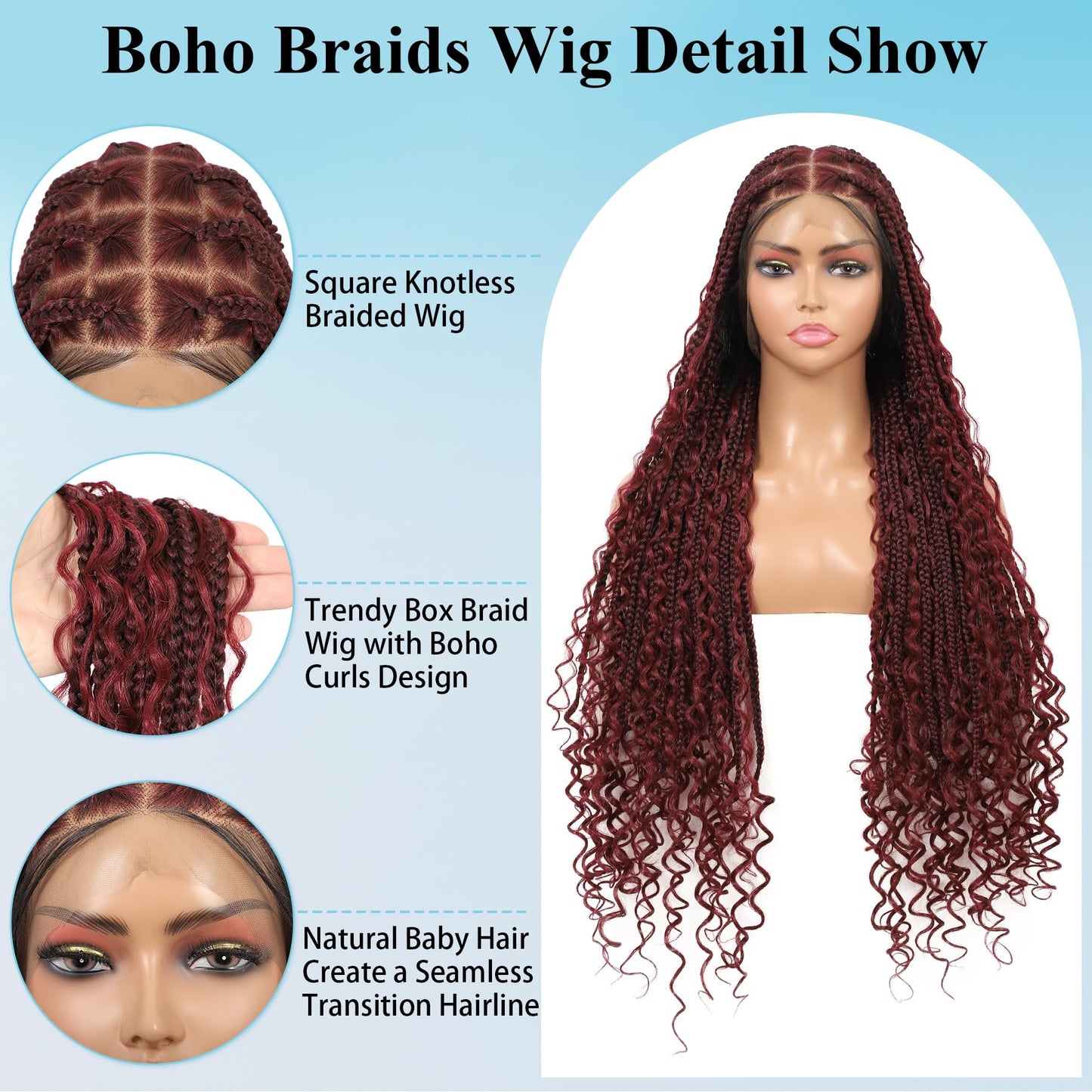 Olymei 360° HD Full Lace Knotless Braided Wigs for Black Women Boho Braided Wigs with Baby Hair Box Braid Wig Premium Synthetic Braid Lace Front Wig with Curly End Burgundy 36"