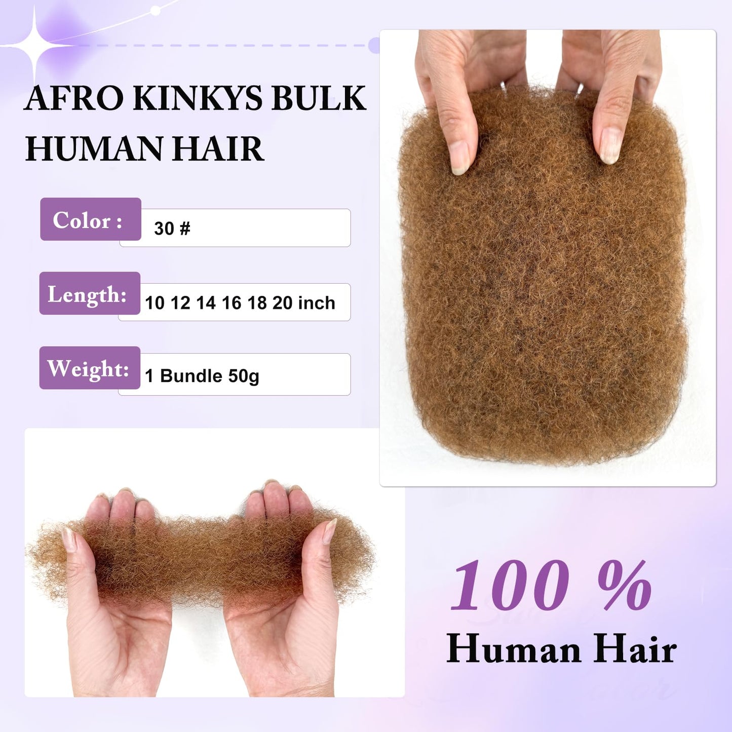 Afro Kinkys Bulk Human Hair for Braiding 30# Afro Kinky-curly Human Hair Bulk for Twist 10 Inch Quality Light Brown Kinkycurly Bundles for Mini Twists or Micro Locs Extensions