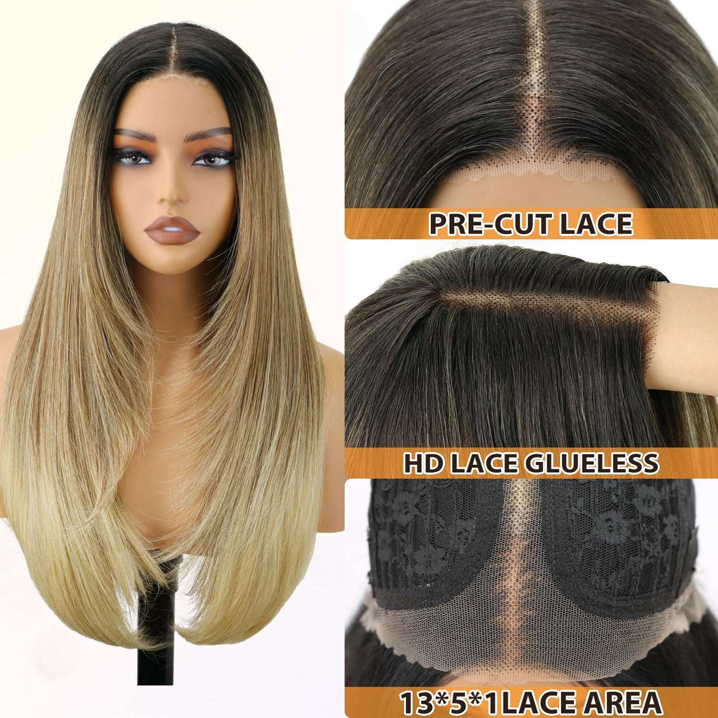 NOSTALGIA Ombre Blonde Wear and Go Glueless Wigs Pre Plucked Pre Cut for Beginners Synthetic Lace Front Wigs With Bangs Blonde Long Layered Straight Wigs