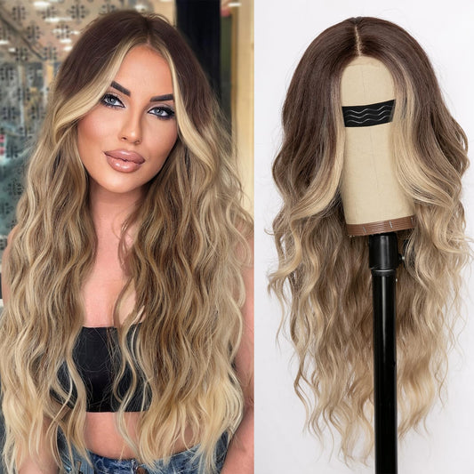 AISI HAIR Ombre Dirty Blonde Wig for Women, Long Wavy Lace Hairline Middle Part Synthetic Wig for Daily Party-26 Inch