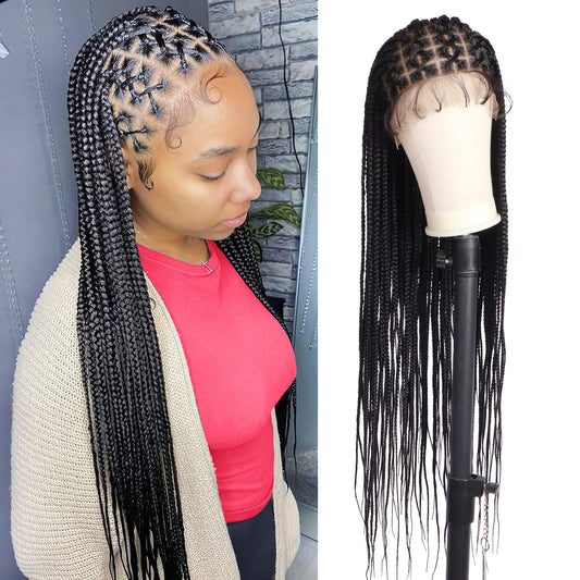 Alebery 36" Full Lace Criss Cross Knotless Box Braided Wigs for Black Women Knotless Box Braids Lace Front Wig with Baby Hair Lightweight Synthetic Black Cornrow Braided Wigs (1B)