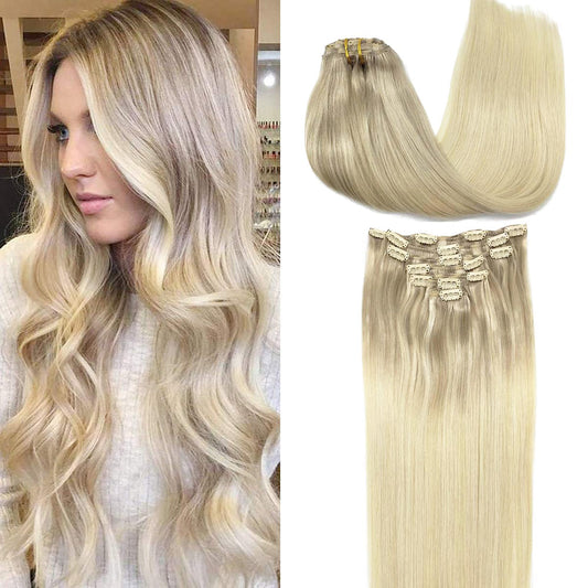 GOO GOO Clip in Hair Extensions Real Human Hair, Remy Human Hair Extensions Clip ins for Women, Natural Human Hair, 14inch 120g 7Pcs, 17/22/60 Balayage Ash Blonde to Golden Blonde and Platinum Blonde