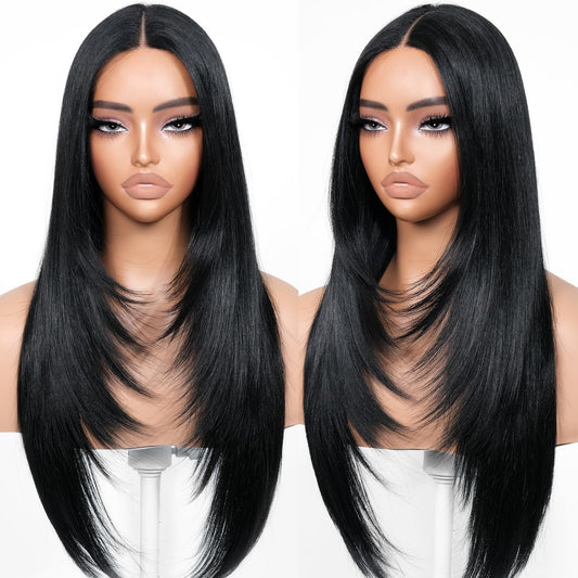 BrownBomb Black Wear and Go Glueless Wigs Pre Plucked Pre Cut for Beginners Long Layered Straight Synthetic Lace Front Wigs with bangs 26 Inch Natural 1B 3 Seconds to Wear for Beginners