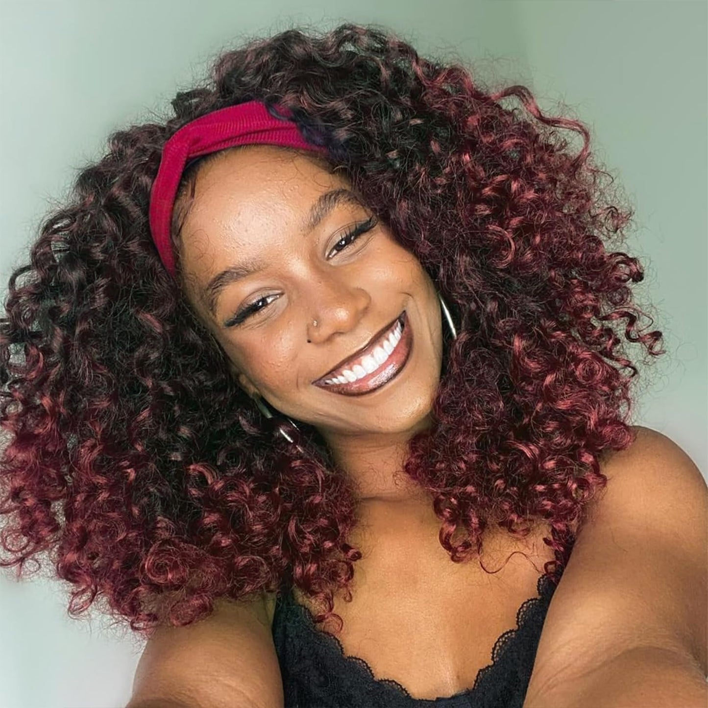 Aisaide Kinky Curly Headband Wig 12 Inch Burgundy Deep Curly Headband Wigs for Women Short Glueless No Lace Deep Curly Half Hair Wigs,Burgundy with Highlighted