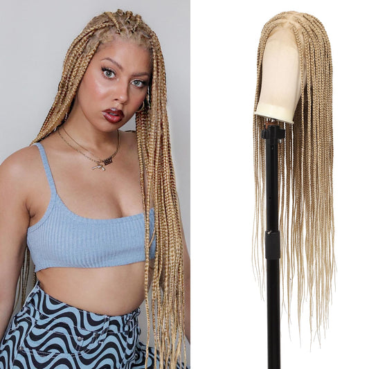Olymei 360° HD Full Lace Knotless Braided Wigs for Women Box Braid Wig with Baby Hair Premium Synthetic Long Light Brown Ombre Blonde Braided Lace Front Wigs 36"