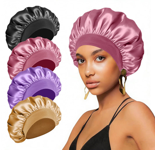 4PCS Silk Satin Bonnets for Black Women & Men - Elastic Wide Band Hair Wrap Cap for Curly Hair - Shower Cap for Sleeping (Black & Bean Paste Pink & Purple & Brown)