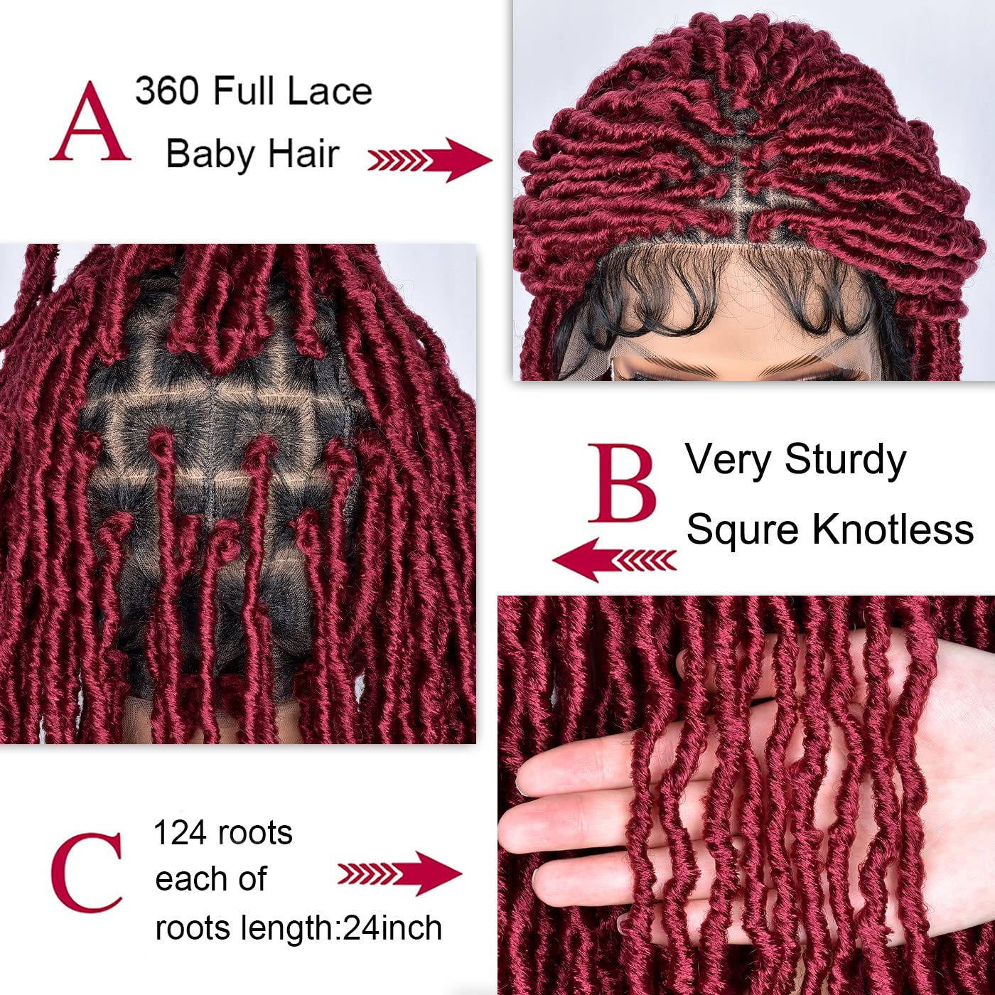 ANNISOUL Burgundy Full Lace Faux Locs Braided Wig Curly Hair Hand-braided Synthetic Crochet Braids with Baby Hair 32Inch Full Double Lace Synthetic Curly Crochet Locs Twist Wigs for Black Women