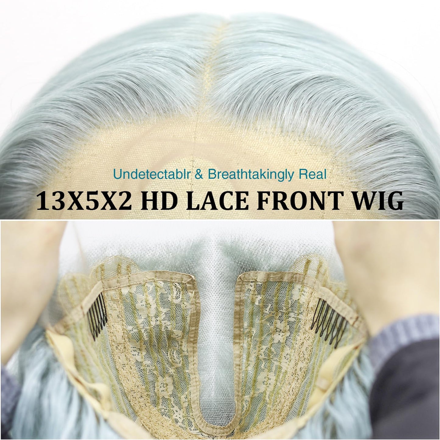Fugady Mint Green Glueless Curly Wigs Light Green Heat Resistant Synthetic Fiber Lace Front Wig Pre Plucked 200 Density Long Loose Wave Wig With Baby Hair Colorful Wigs For Women 26 inches