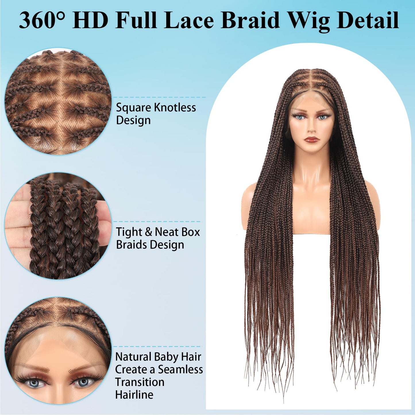 Olymei 360° Hd Full Lace Knotless Braided Wigs for Women Box Braid Wig with Baby Hair Premium Synthetic Long Brown Braided Lace Front Wigs 36Inch
