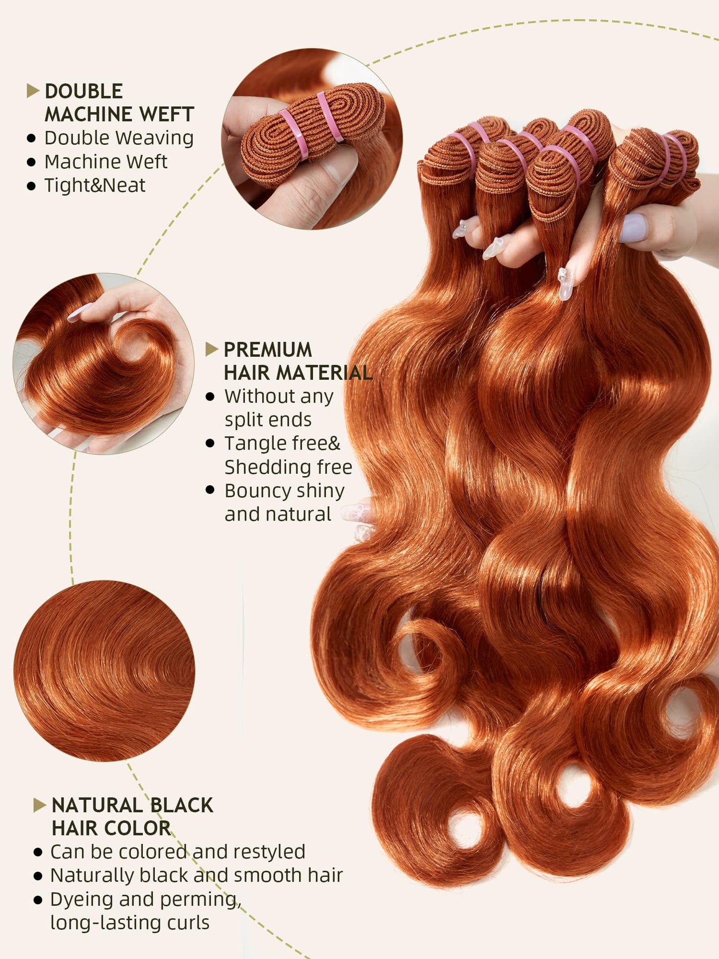 Human Hair Bundles 4 Bundles 16 18 20 22 Inch Hair Extensions Ginger Orange Body Wave Bundles Human Hair 100% Unprocessed Brazilian Virgin Hiar Quick Weave 350