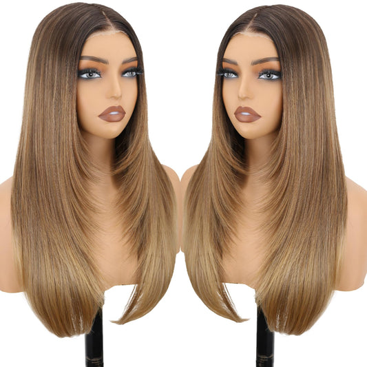 NOSTALGIA Brown and Blonde Highlight Straight Lace Front Wig Pre Cut Glueless Synthetic Layered Wig 24 Inch Middle Part Closure Wig For Women Upgraded with Premium Fiber