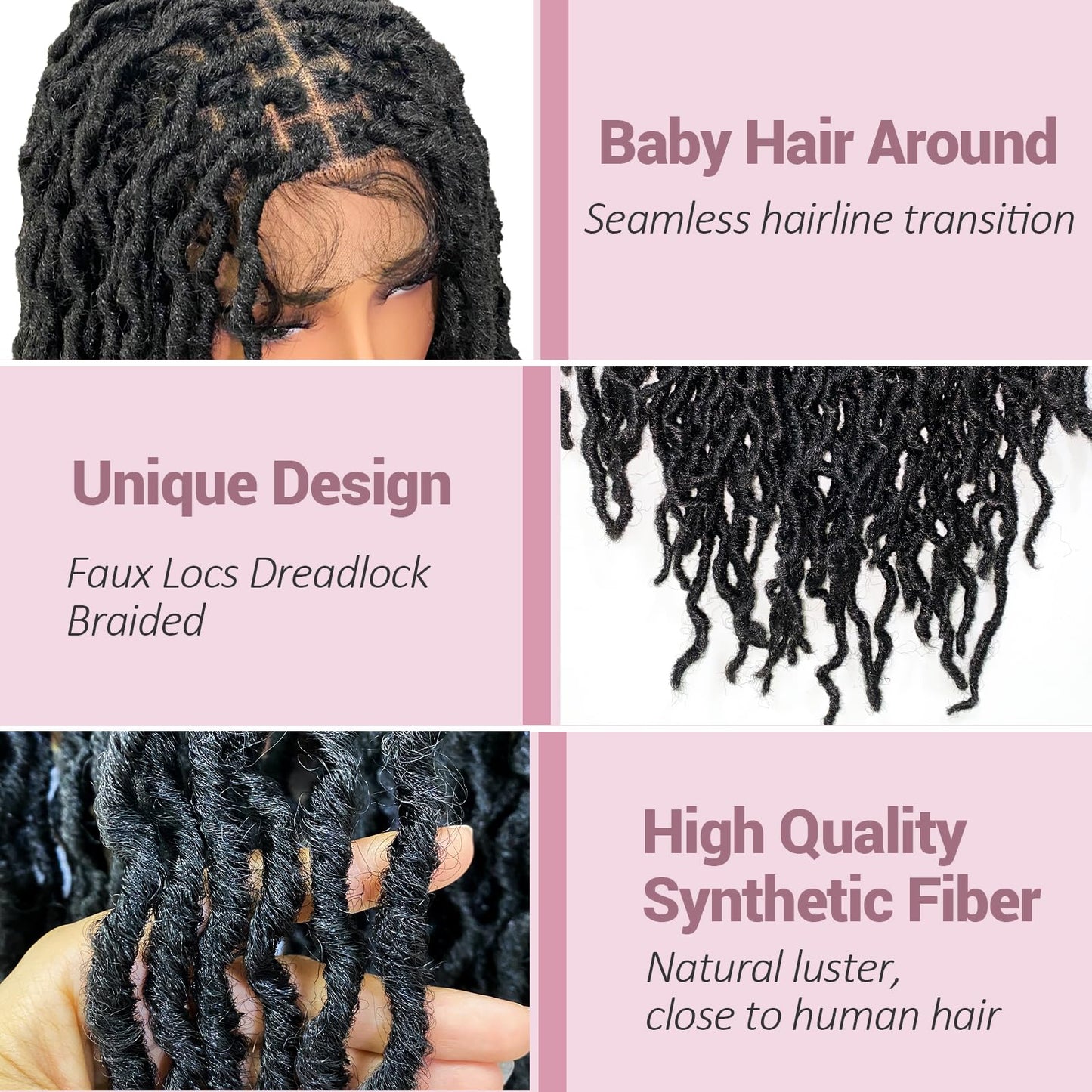 Janyuwool 36" Faux Locs Knotless Braided Wigs Dreadlock Full Double Lace Braid Wig Lace Front Braided Wig for Black Women Human Hair Blended Braids Wig with Baby Hair (Black)