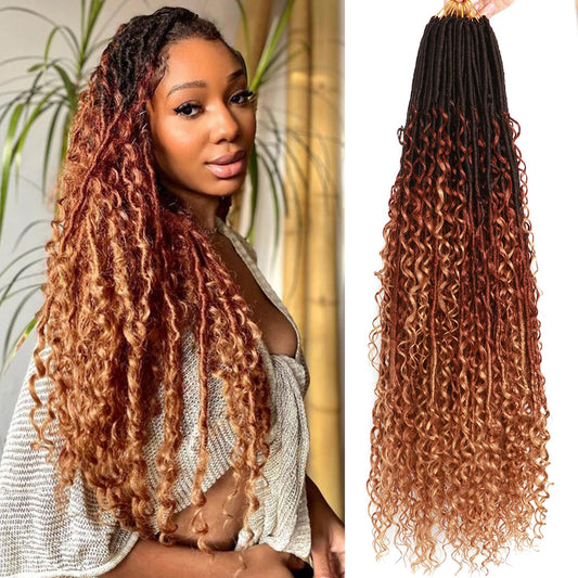 Soft Boho Locs Crochet Hair for Black Women-30 Inch 8 Packs Goddess Faux Locs Crochet Human Hair Feeling Pre Looped with Curly Ends (1B/30/27, 30 Inch(Pack of 8))