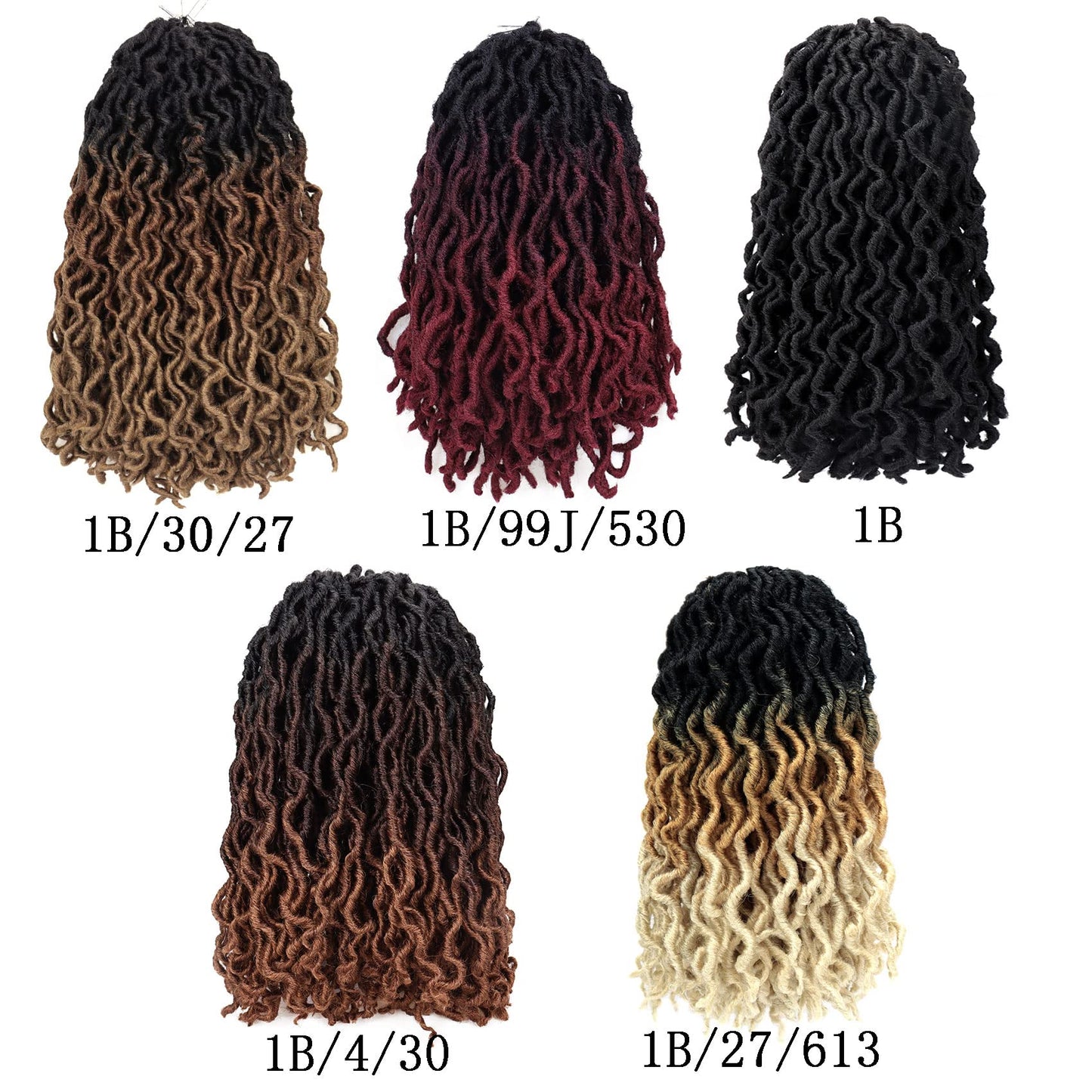 18 Inch Goddess Faux locs Crochet Hair 6 Packs/Lot Soft Gypsy Locs Wavy Crochet Braids Dreadlocks 3 Tone Curly Wavy Twist Braiding Hair Extensions African Roots Braid（#1B/30/27)