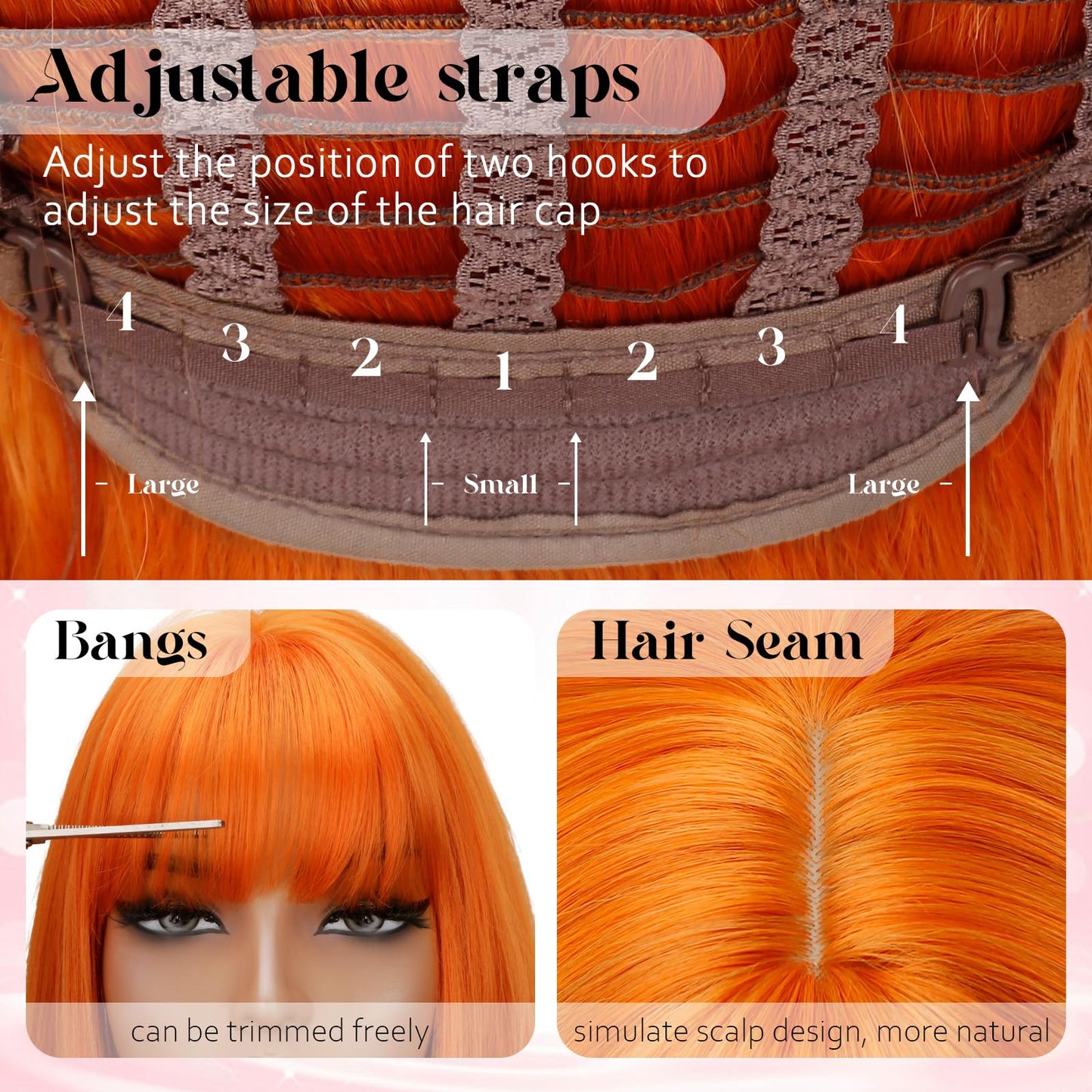 NOVFLKW Orange Long Straight Layered Wig with Bangs for Women 26 inch Put on Go Realistic Synthetic Fiber Heat Resistant Natural Wig for Girls Party Cosplay and Daily Use