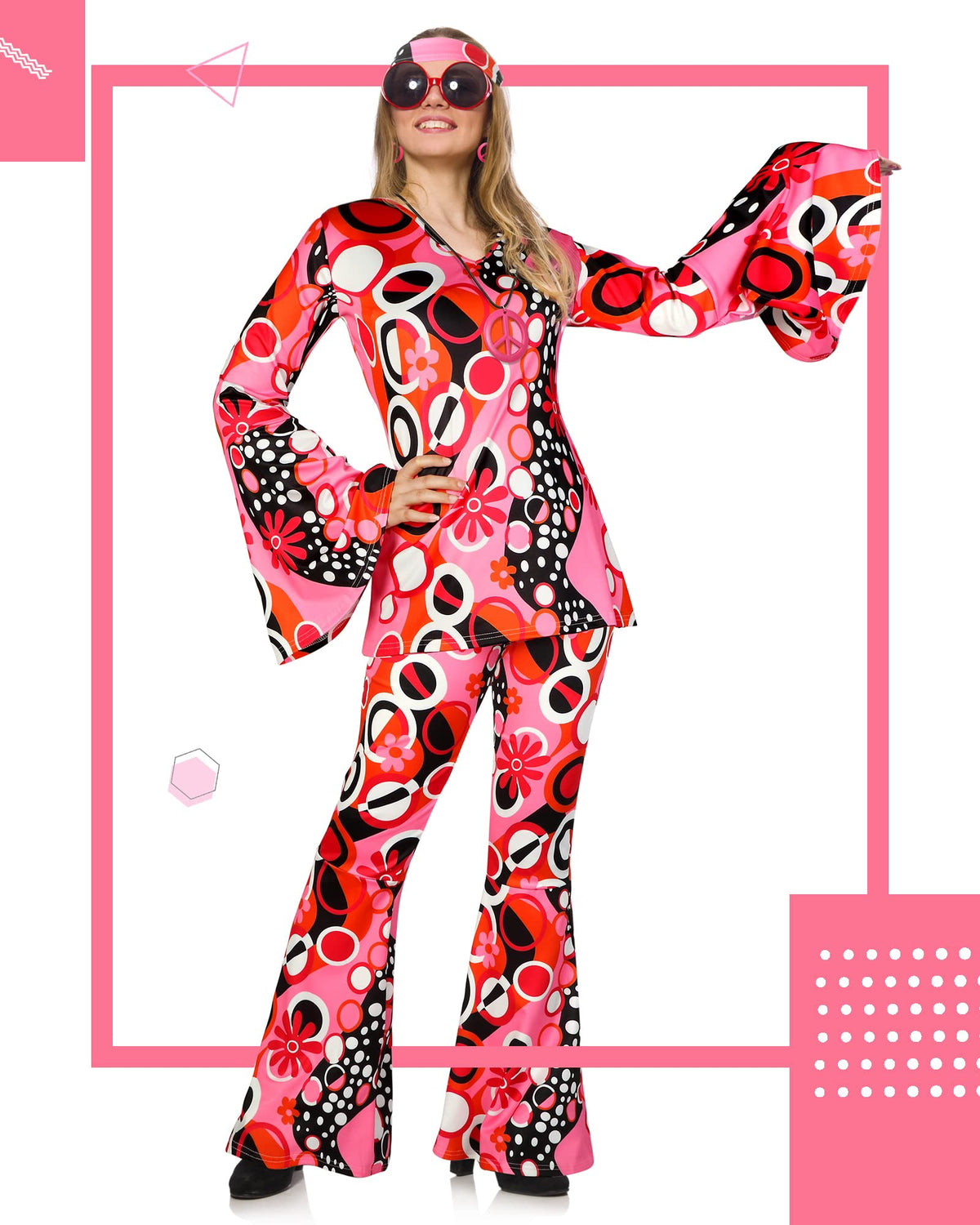 Haysandy Disco Costume Women 70s Hippie Bell Bottom Outfit, Rose Red