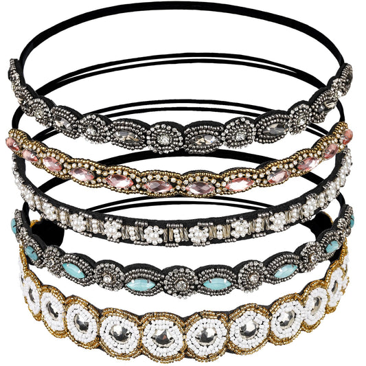 Teenitor 5pcs Hairbands for Women, 5 Rhinestone Beaded Headbands, Head Bands for Women's Hair Fashionable Handmade Crystal Beaded Elastic hairbands, 20-26.8"(51-68cm), 1 Count (Pack of 5), HAIRBAND