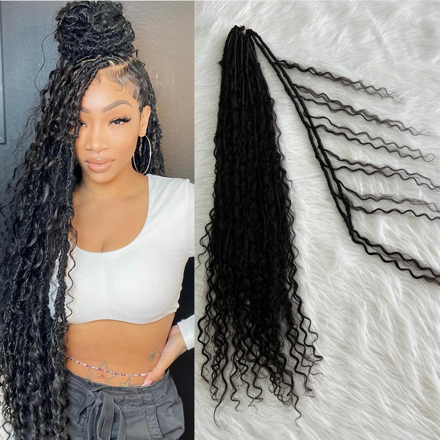 Boho Locs Crochet Braids Pre Looped With Human Hair Extensions Curly Ends Deep Wave Goddess Soft Locs Box Knotless Braids Hair Synthetic Dreadlocks Braiding for Women CHARMING YOU 22 Inch 24Strands