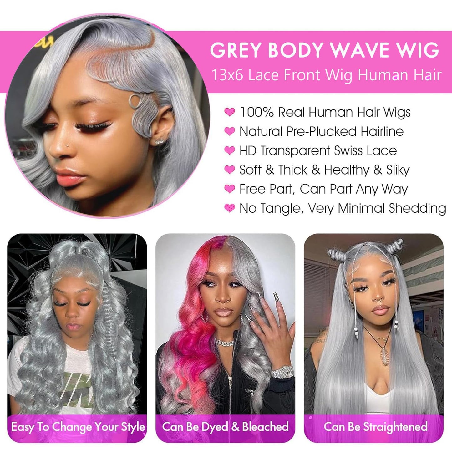 ELFSECRET Grey Lace Front Wigs Human Hair Glueless 13x6 Hd Lace Front Wig Human Hair Pre Plucked 180 Density Silver Grey Body Wave Wig Human Hair for Women Wear and Go Grey Wig 20 Inch