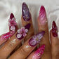 24Pcs Red Purple Almond Press on Nails Spring Summer Flower Fake Nails Glossy Full Cover Nails Press ons 3D Flower Nail Art Reusable False Nails Artificial Medium Stick on Nails for Women Girls