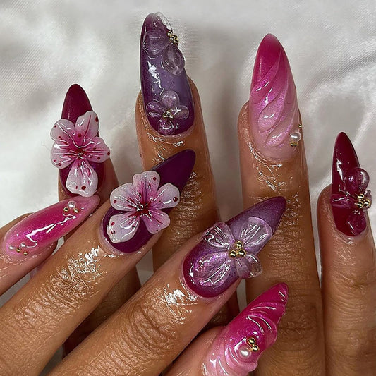 24Pcs Red Purple Almond Press on Nails Spring Summer Flower Fake Nails Glossy Full Cover Nails Press ons 3D Flower Nail Art Reusable False Nails Artificial Medium Stick on Nails for Women Girls