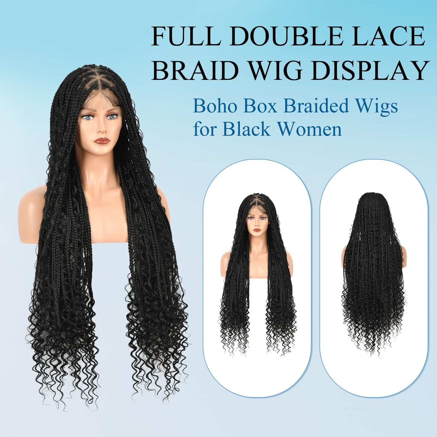 Olymei Boho Braided Wigs for Black Women Knotless Braided Wigs Box Braid Wig with Baby Hair Full Double Lace Black Boho Braided Wig Premium Synthetic Lace Braided Wig,36" Double Lace