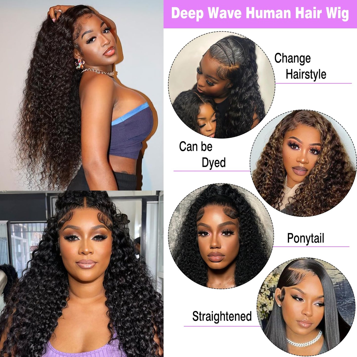 250% Density 13X6 38 Inch Deep Wave Lace Front Wigs Human Hair Curly Wig Wet and Wavy HD Lace Front Wig Pre Plucked 100% Real Human Hair No Synthetic Blend No Tangle No Shedding Triple Lifespan 3X