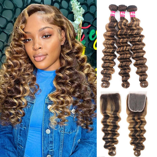 P4/27 Human Hair Bundles with Closure Loose Deep Wave Hair-12 14 16+12inch 4x4 Loose Wave Lace Closure with Bundles, 10A Raw Brazilian Quick Weave Human Hair Honey Blonde Brown Ombré Highlighted Color