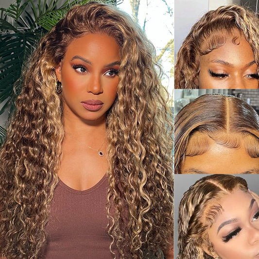 Ladoux Ombre Honey Blonde 13x6 HD Transparent Water Wave Lace Front Human Hair Wigs for Women 180% Density 4/27 Colored Highlight Curly Glueless Wigs 26Inch Pre Plucked with Baby Hair