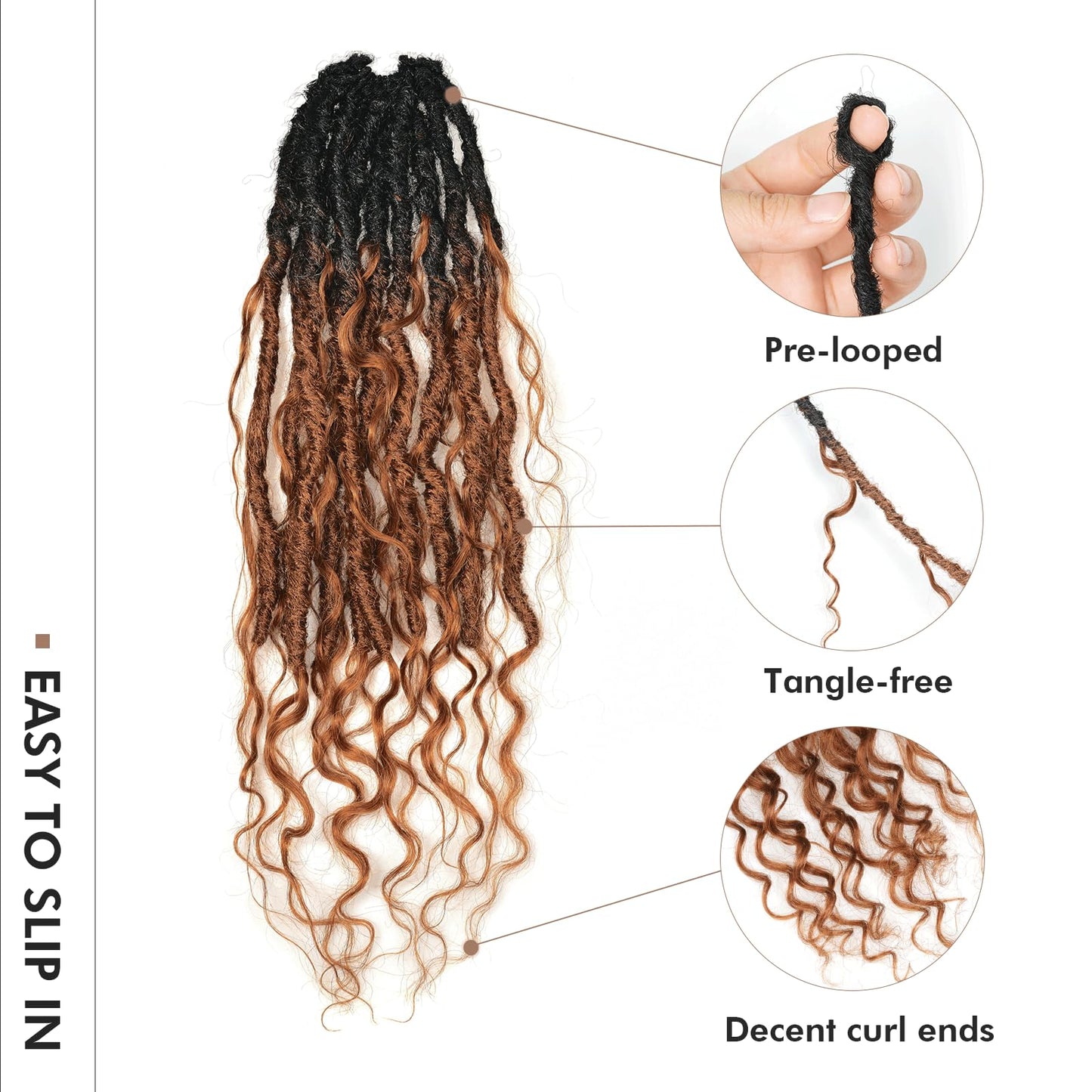 Toyotress Boho Human Hair Locs - 16 Inch 8 Packs Pre-Looped Crochet With Human Hair Curls, Ombre Brown Faux locs With Curly Ends Braiding Synthetic Hair Extensions (16 Inch, 8P-OT30)