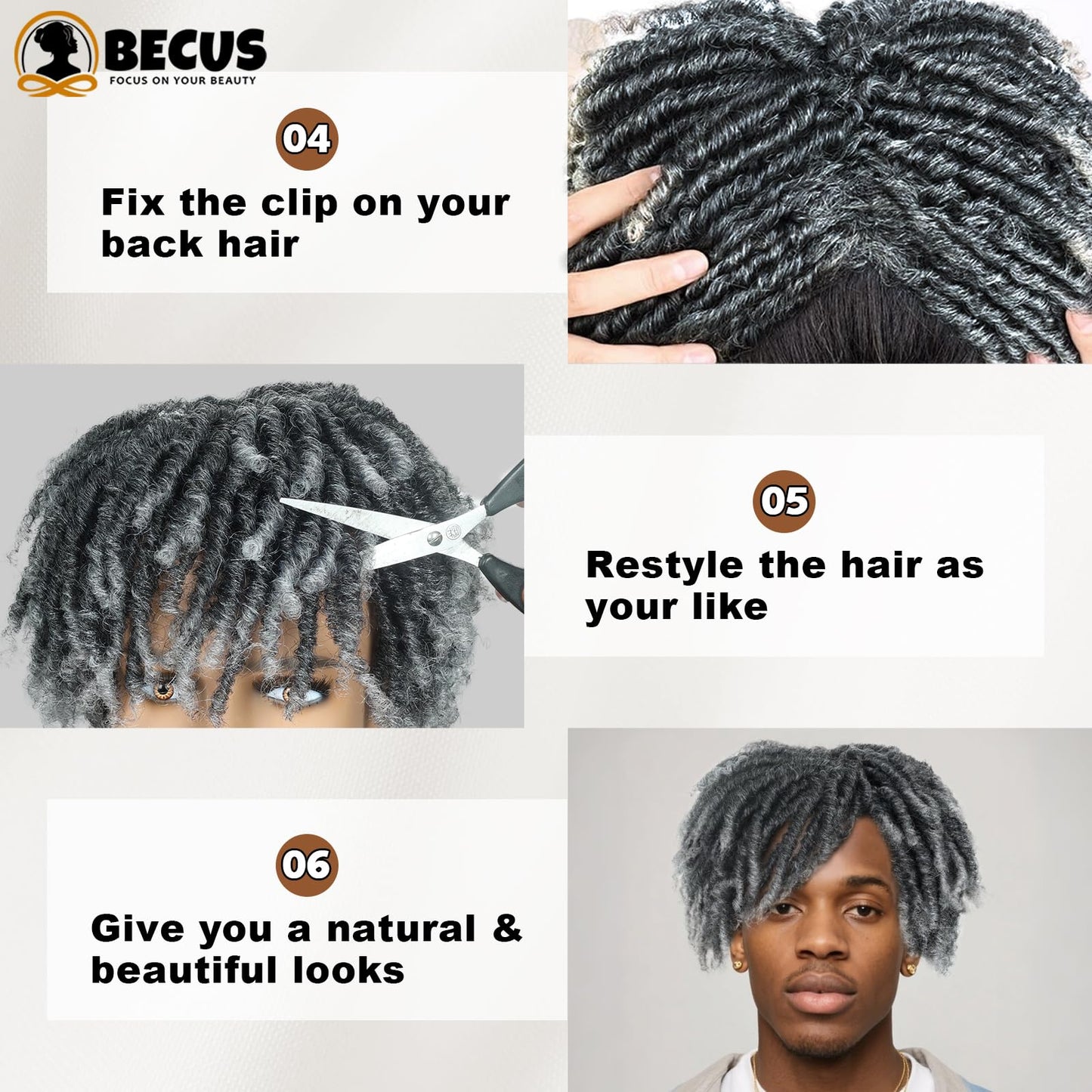 BECUS Hair topper Dreadlock Toupee Afro Fake Dreads Dread Lock Topper Toupee Hair for Men and Black Women Braids Braided Dreadlocks Afro Curly Synthetic Hairpieces Party Halloween(Gray)