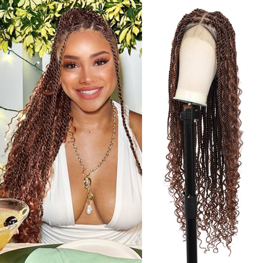 Olymei 360° HD Full Lace Braided Wigs for Women Knotless Boho Braided Wigs Twisted Braid Lace Wig with Baby Hair Premium Synthetic Braid Lace Front Wig Brown 36"