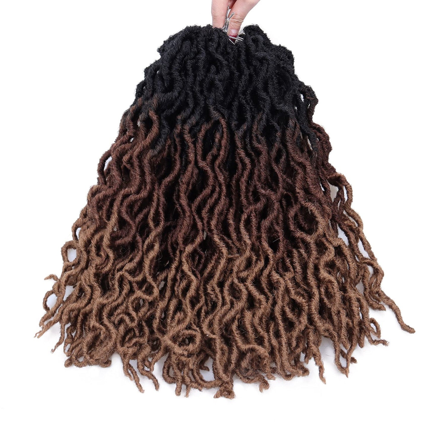 18 Inch Goddess Faux locs Crochet Hair 6 Packs/Lot Soft Gypsy Locs Wavy Crochet Braids Dreadlocks 3 Tone Curly Wavy Twist Braiding Hair Extensions African Roots Braid（#1B/30/27)