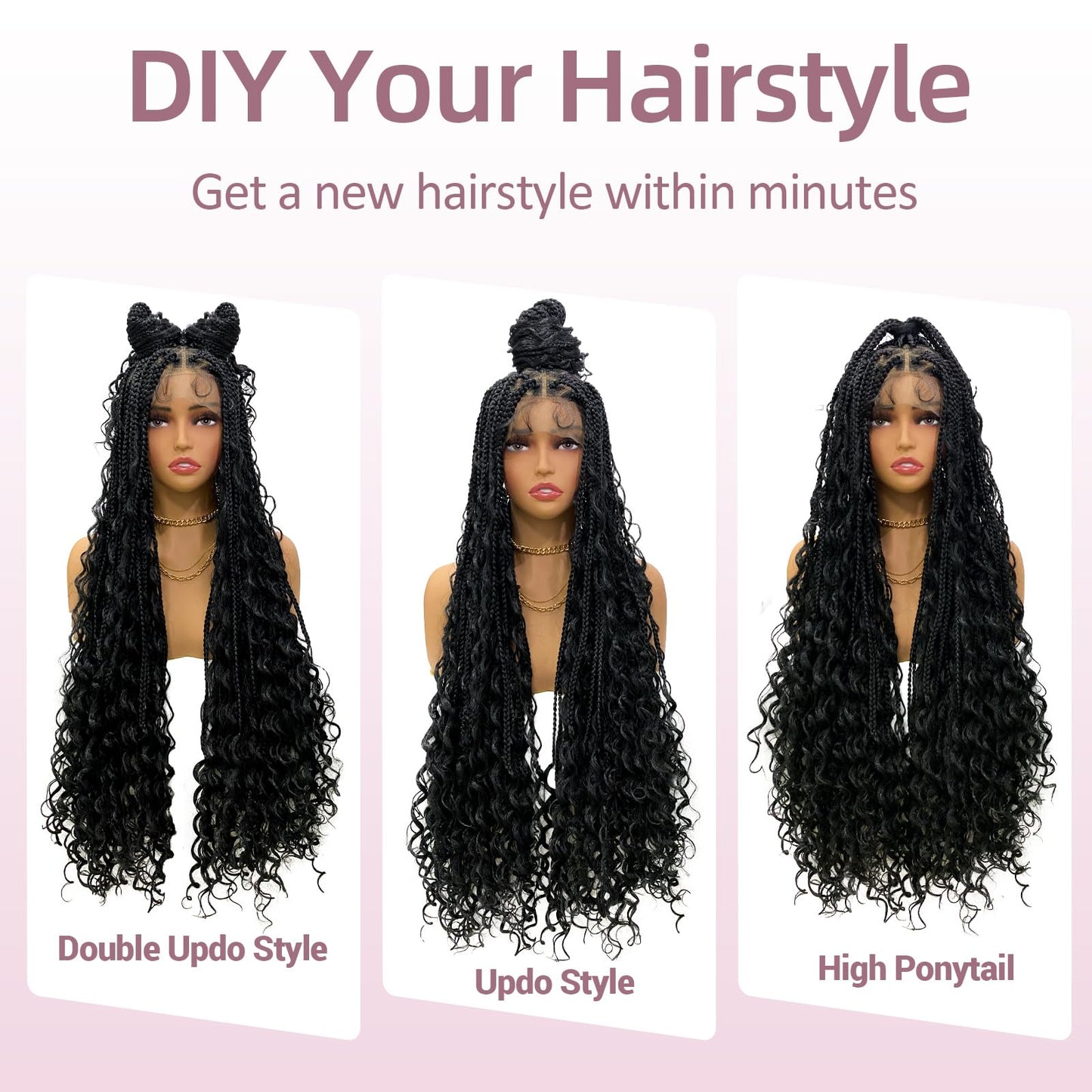 Janyuwool 36" Boho Triangle Knotless Box Braided Wigs Full Double Lace Braid Wig for Women Lace Frontal Human Hair Blended Braided Wig with Boho Curls Lace Front Braids Wigs with Baby Hair (Black)