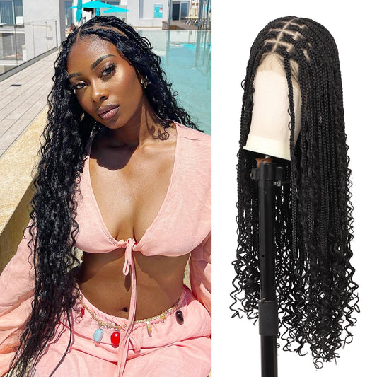 Brinbea 13x8'' HD Lace Front Braided Wigs for Women Knotless Boho Braided Wigs with Baby Hair Black Box Braid Wig Long Premium Synthetic Braided Lace Front Wigs 36 Inch