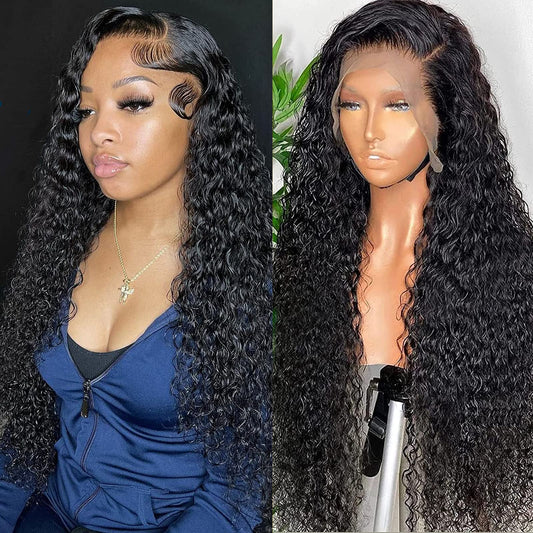 Water Wave Lace Front Wigs Human Hair Pre Plucked with Baby Hair Glueless 13x4 HD Transparent Water Curly Wave Lace Front Wig Virgin Human Hair 180% Density Wave Wave Wigs 26Inch Natural Black Color