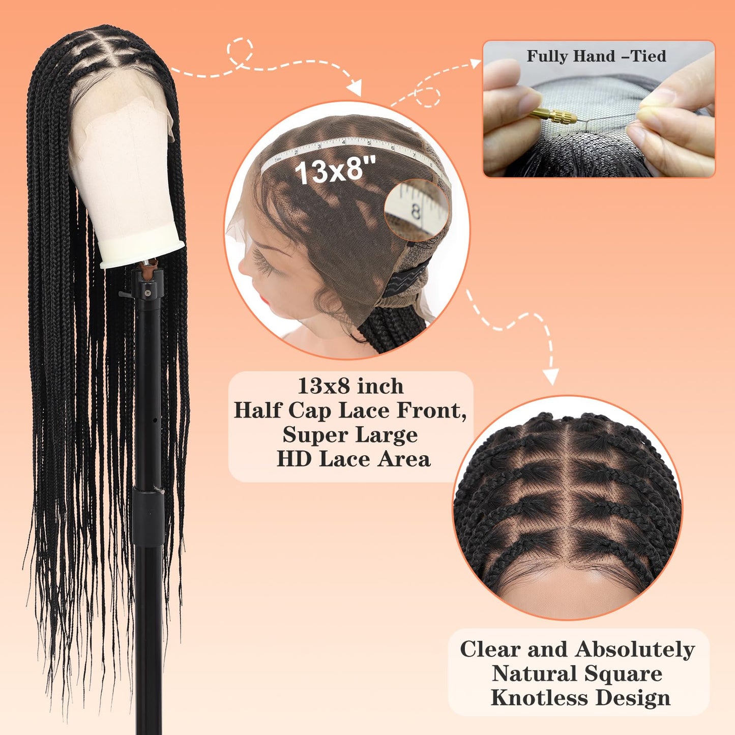 Brinbea 36'' 13X8" HD Lace Front Knotless Braided Wigs for Women Box Braid Wig with Baby Hair Braided Lace Front Wigs Premium Synthetic Braid Wig Natural Long Black