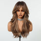 Tumhorn Long Brown Layered Wig with Curtain Bangs for Women Highlight Brown Mixed Blonde Wavy Wig Natural Looking Heat Resistant Synthetic Wigs for Daily Party Use