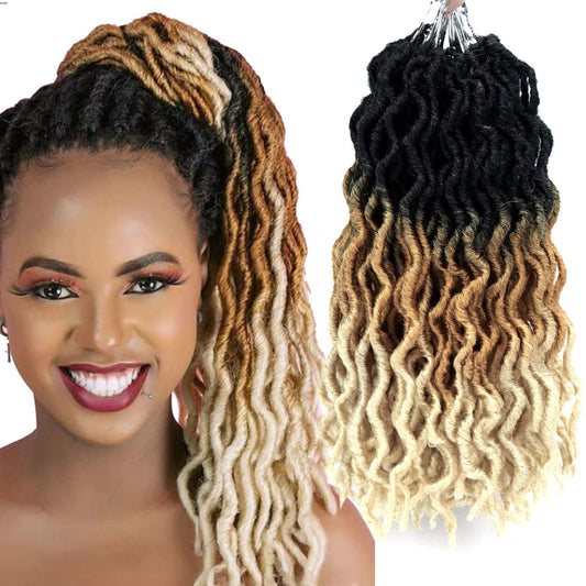 14 Inch Goddess Faux locs Crochet Hair 6 Packs/Lot Soft Gypsy Locs Wavy Crochet Braids Dreadlocks 3 Tone Curly Wavy Twist Braiding Hair Extensions African Roots Braid（1B/27/613)