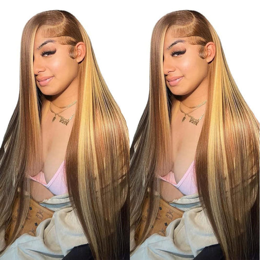 Cypha Ombre Lace Front Wig Human Hair Highlight 13x6 HD Straight Lace Front Wigs 180% Density 4/27 Colored Honey Blonde HD Lace Frontal Wigs For Women Glueless Pre Plucked with Baby Hair 30inch