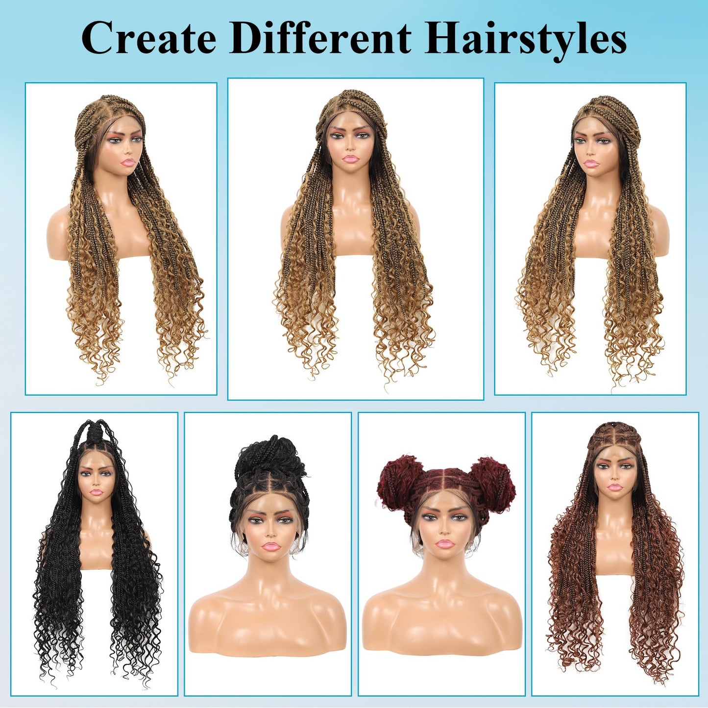 Olymei 360° HD Full Lace Front Knotless Braided Wigs for Black Women Boho Braided Wigs with Baby Hair Box Braid Wig Premium Synthetic Braid Lace Front Wig with Curly End Light Brown 36"