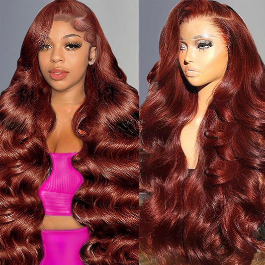 Dewyigs 30 Inch Reddish Brown Wig Human Hair Lace Front Wigs Human Hair Pre Plucked 13x4 Body Wave Frontal Wigs Human Hair Auburn Colored Human Hair Lace Front Wigs HD Lace Frontal Human Hair Wigs