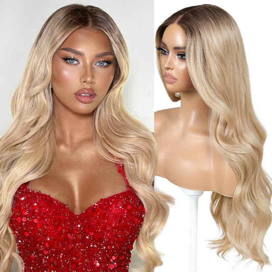 ENCOUNTERU Blonde Wear and Go Glueless Wig with Bangs Synthetic Lace Front Wigs for Women Body Wave Pre Plucked Pre Cut HD Lace Dirty Blonde Wig Middle Part 26 Inch