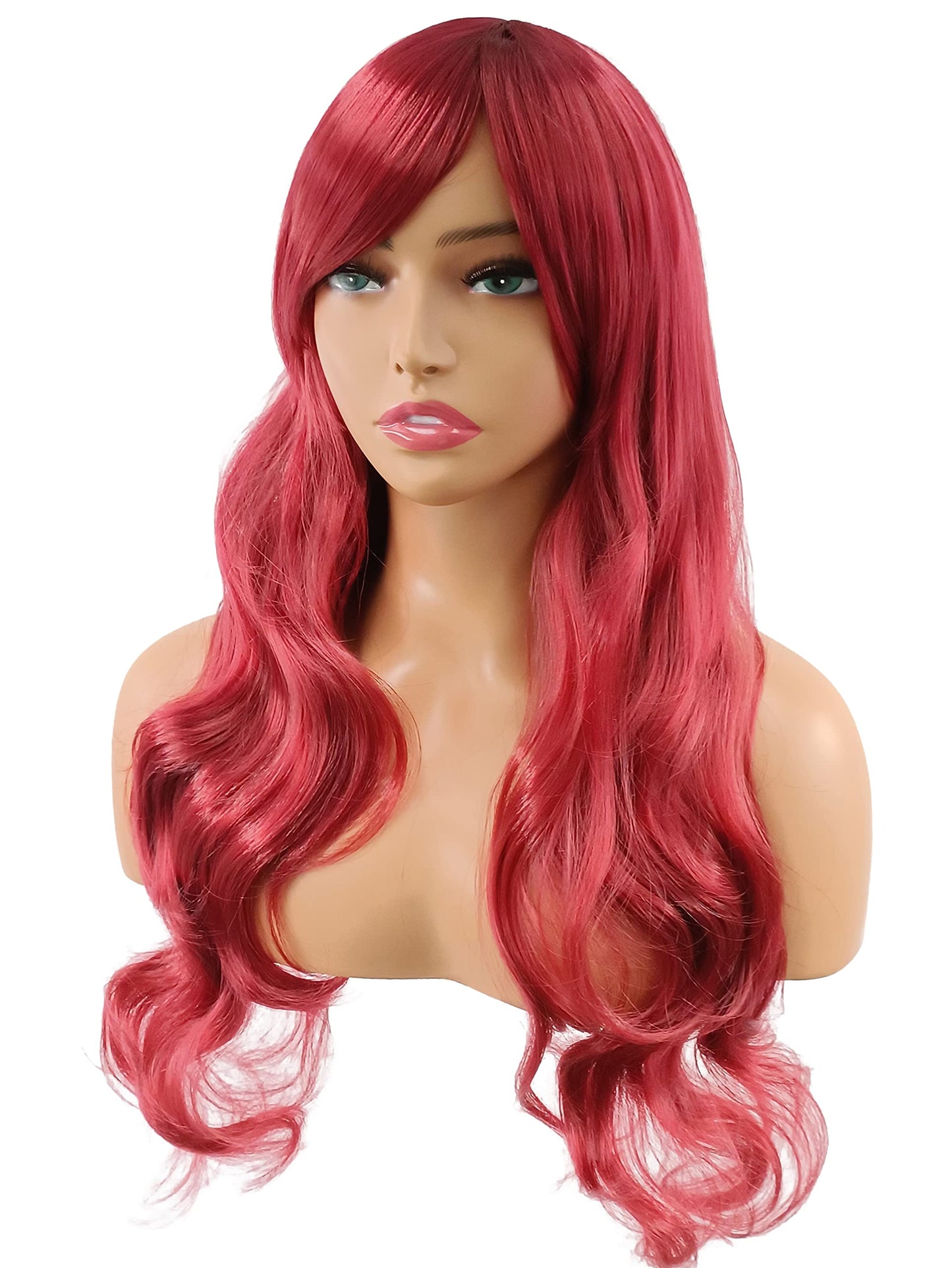 PORT&LOTUS Red Curly Wig Long Cosplay Wig With Bangs (Side Part) Wigs for Women Synthetic body Wave Wigs for White Women with Wig Cap Party Wigs for Black Women 26 inch burgundy