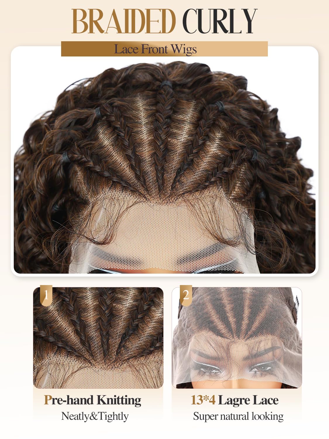 Quantum Love Braided Wigs for Black Women Braids Cornrows Lace Curly Wigs 16 Inch Lace Frontal Braided Fully Curly Ombre Brown Bob Synthetic Glueless Wigs