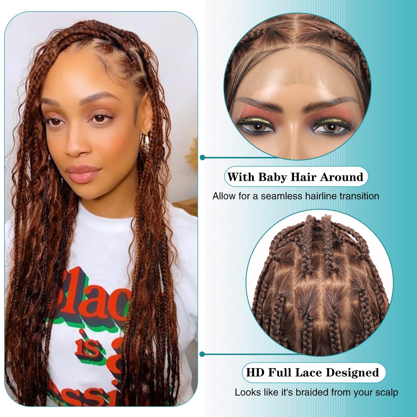 Kalyss HD Full Lace Boho Braided Wigs for Women 360 Lace Front Box Braided Wigs with Baby Hair Brown Premium Synthetic Knotless Braid Wig 36"