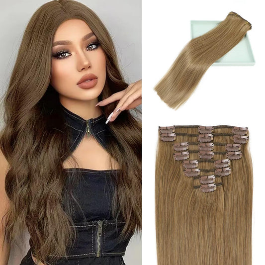 LORIEN Clip in Hair Extensions Real Human Hair, 18 Inch 100g, 6 Medium Brown, Clip in 100% Brazilian Remy Human Hair Extensions 8pcs Per Set with 18 Clips Double Weft