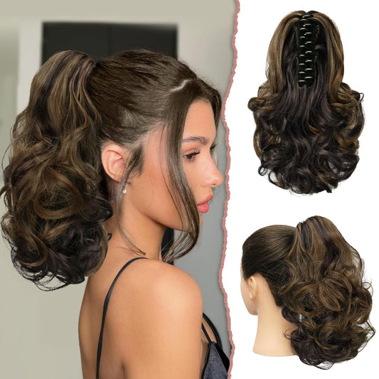 SOFEIYAN Ponytail Extension 11 inch Claw Clip Ponytail Hair Extensions Long Curly Wavy Ponytail Fluffy Clip on Pony Tails Synthetic Hairpiece for Women，Dark Brown/Golden Auburn